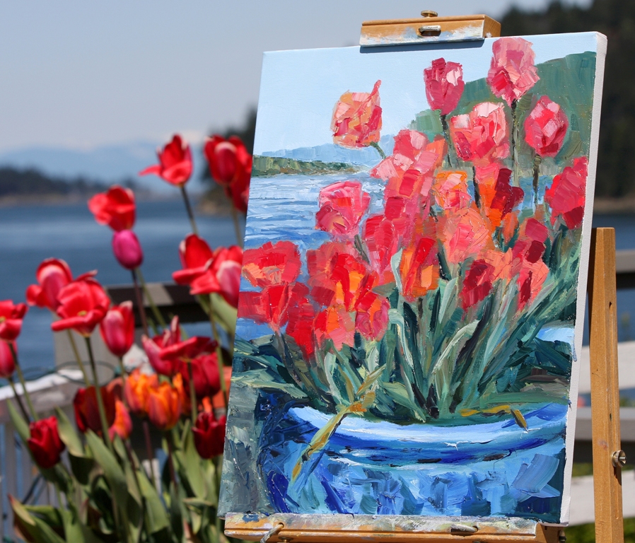 Tulips Springwater Deck Mayne Island work in progress 20 x 16 inch oil on canvas plein air by Terrill Welch 3013_04_22 067